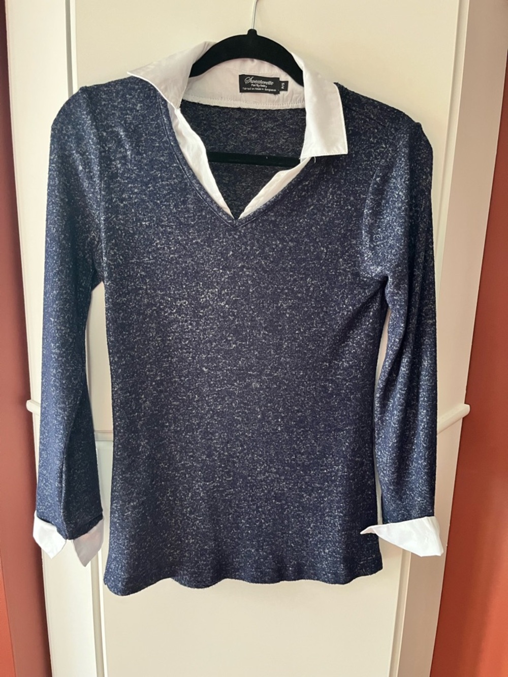 Navy Layered-Look V-Neck Top with White Collar